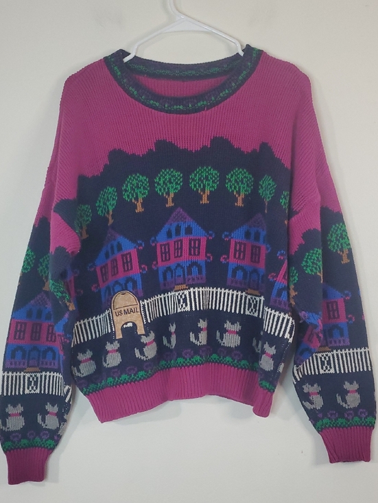 Sutton Place Sweaters - Vintage 80s Sutton Place Cats Village Motif Women’s Sweater Novelty